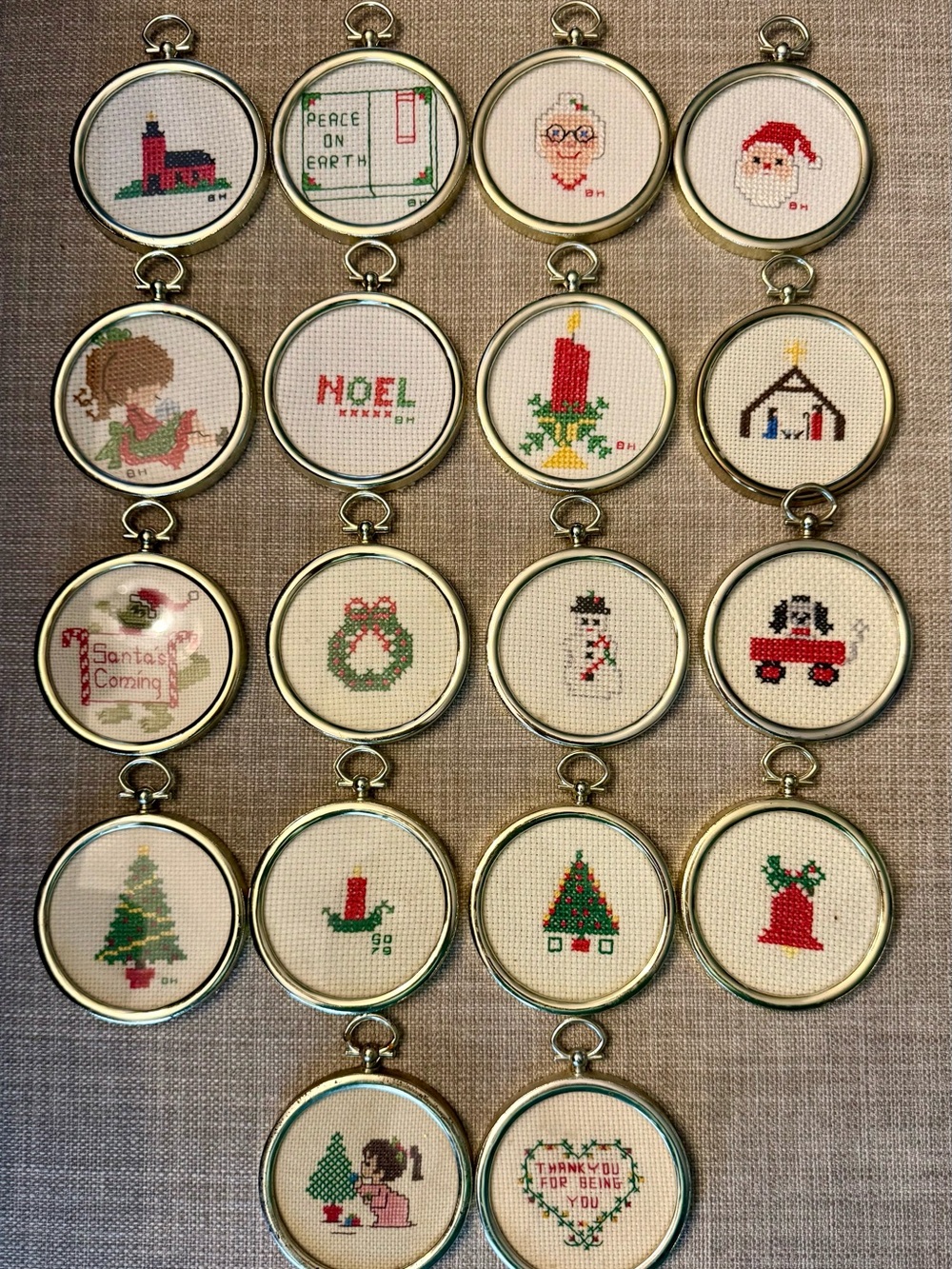 Vintage Handmade Holiday Cross-Stitch Ornaments – Assorted Red & Green Designs
